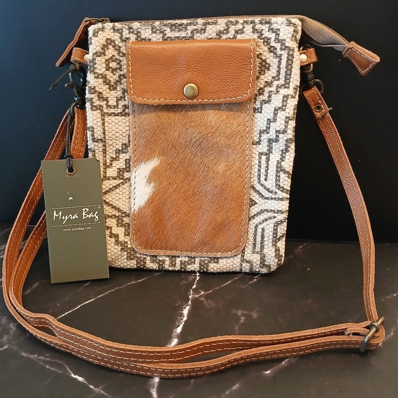 Myra Bag Handbags - Myra Women's Handcrafted Crossbody Bag, Upcycled Canvas & Cowhide. NWT